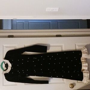 Elegant  Huihuizi Black Crushed Velvet Dress w White Satin Ruffles and Pearls